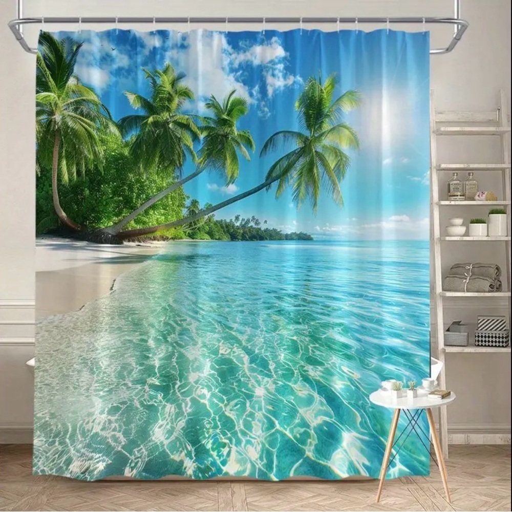 Paradise Beach Palm Tree Shower Curtain - Picture 1 of 6